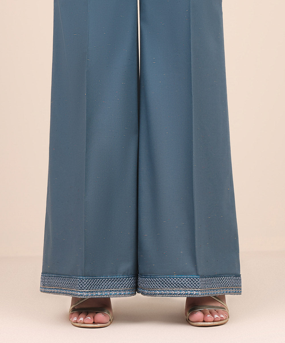 Women's Pret Multi Neps Blue Embroidered Flared Pants