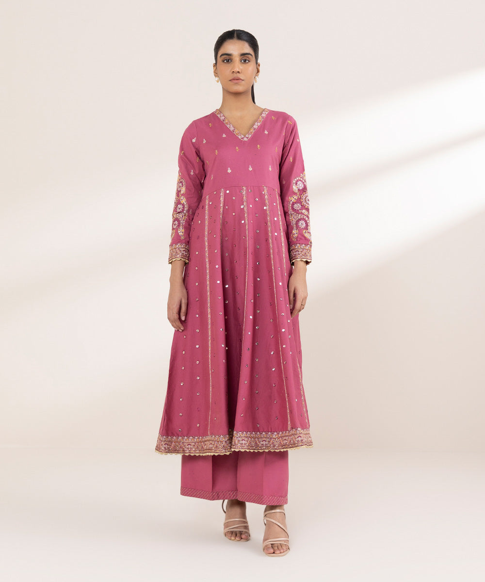 Women's Pret Cross Hatch Pink Embroidered Pishwas