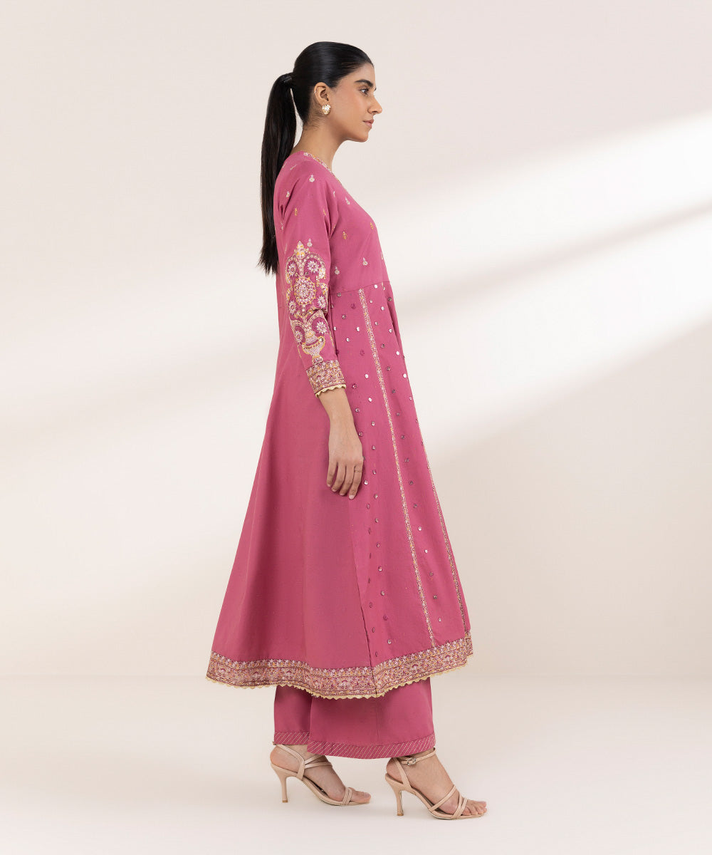 Women's Pret Cross Hatch Pink Embroidered Pishwas