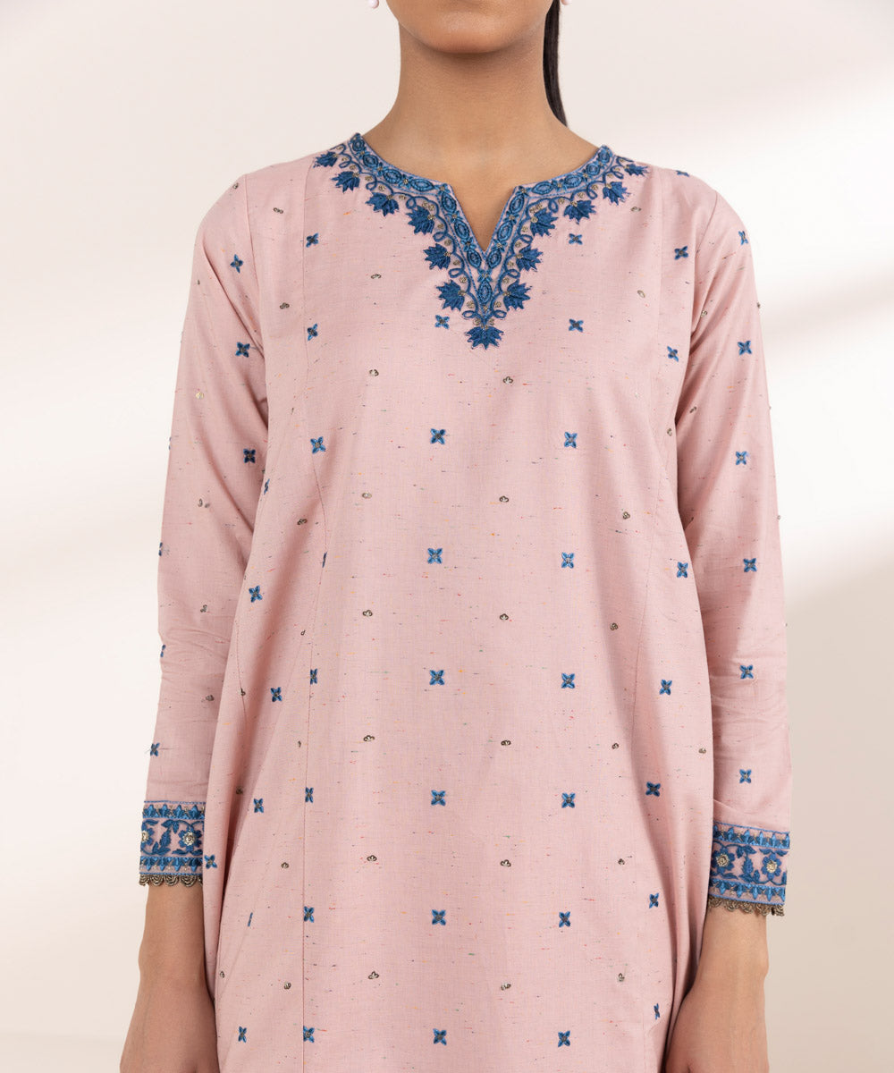 Women's Pret Cross Hatch Pink Embroidered A-Line Shirt