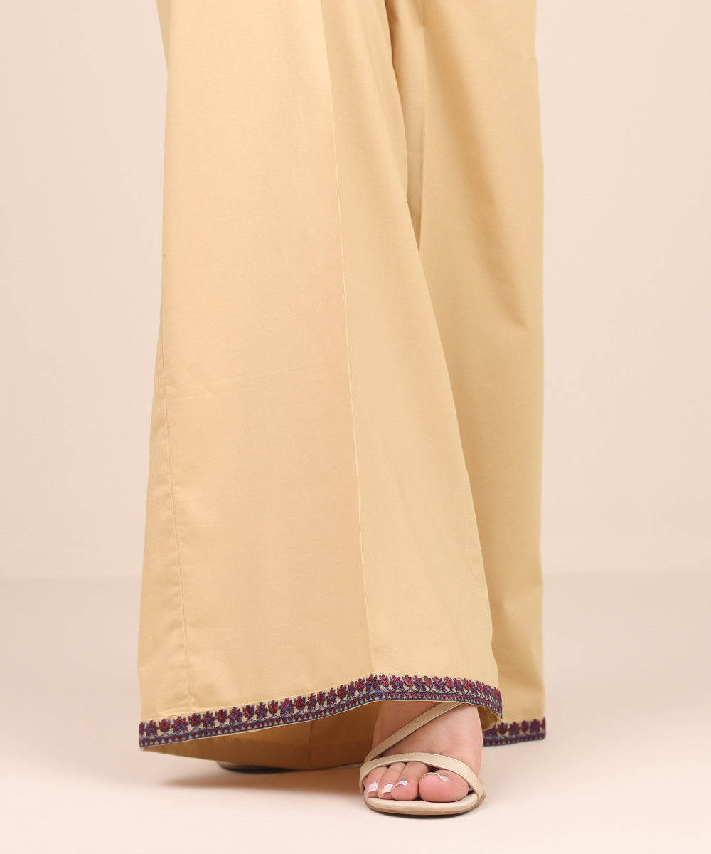 Women's Pret Cambric Beige Embroidered Flared Pants