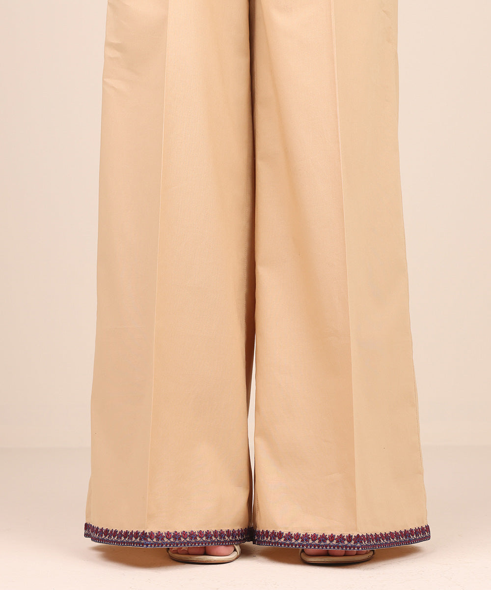 Women's Pret Cambric Beige Embroidered Flared Pants