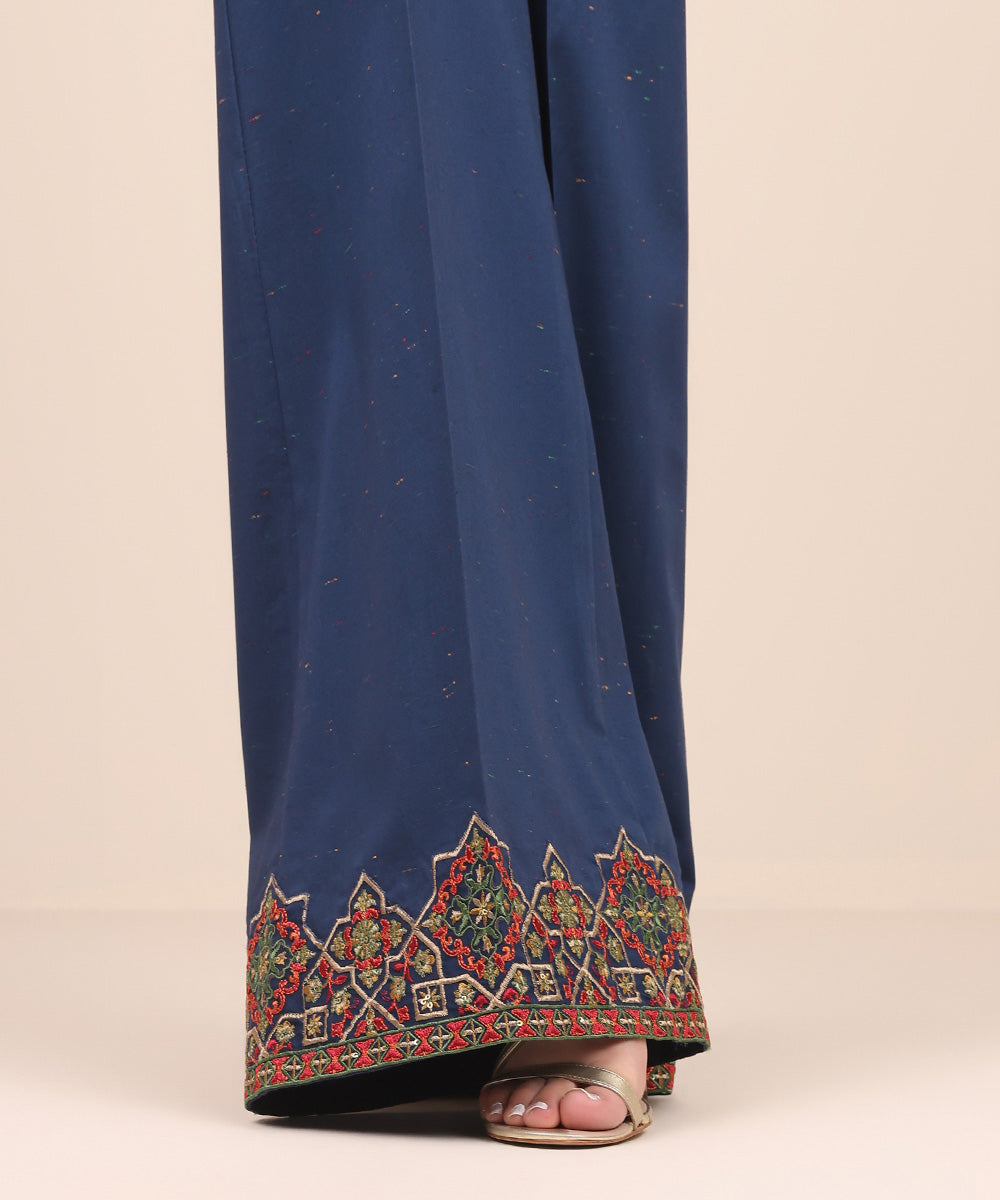 Women's Pret Multi Neps Blue Embroidered Flared Pants