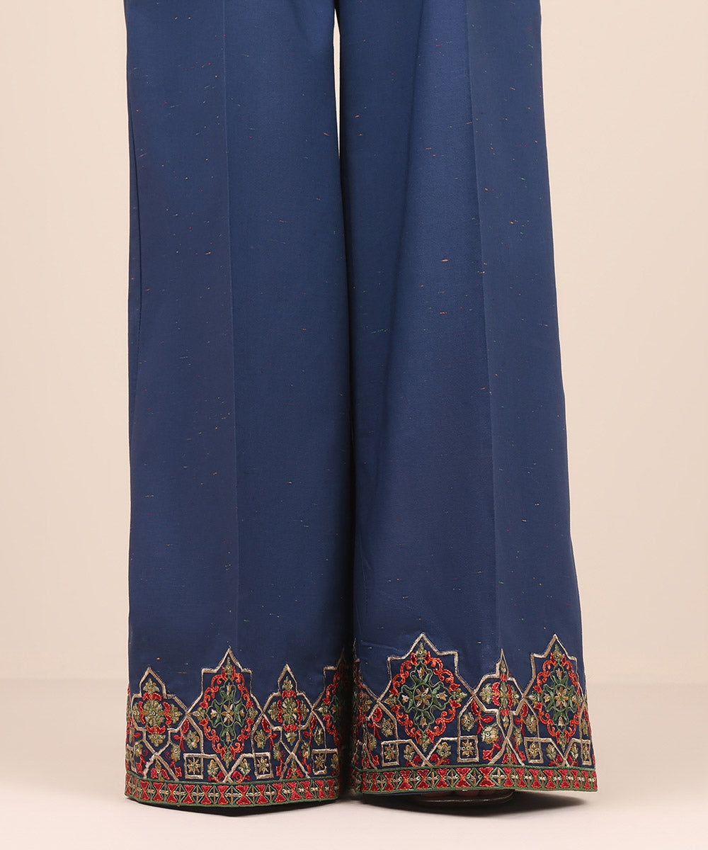 Women's Pret Multi Neps Blue Embroidered Flared Pants