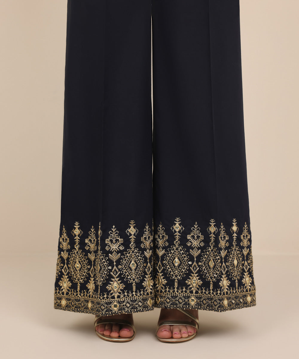 Women's Pret Cambric Blue Embroidered Flared Pants