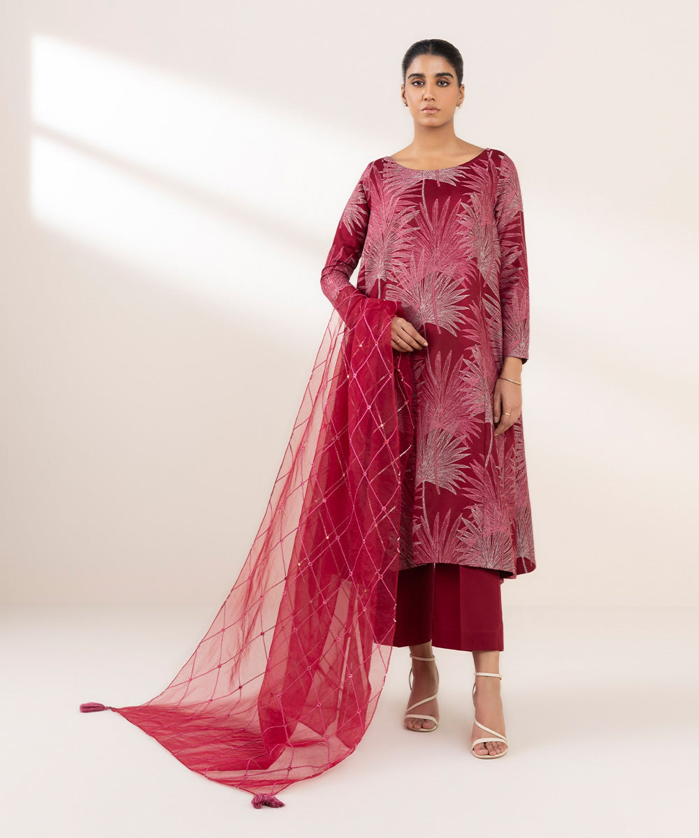 Blended Organza Red Embroidered Dupatta