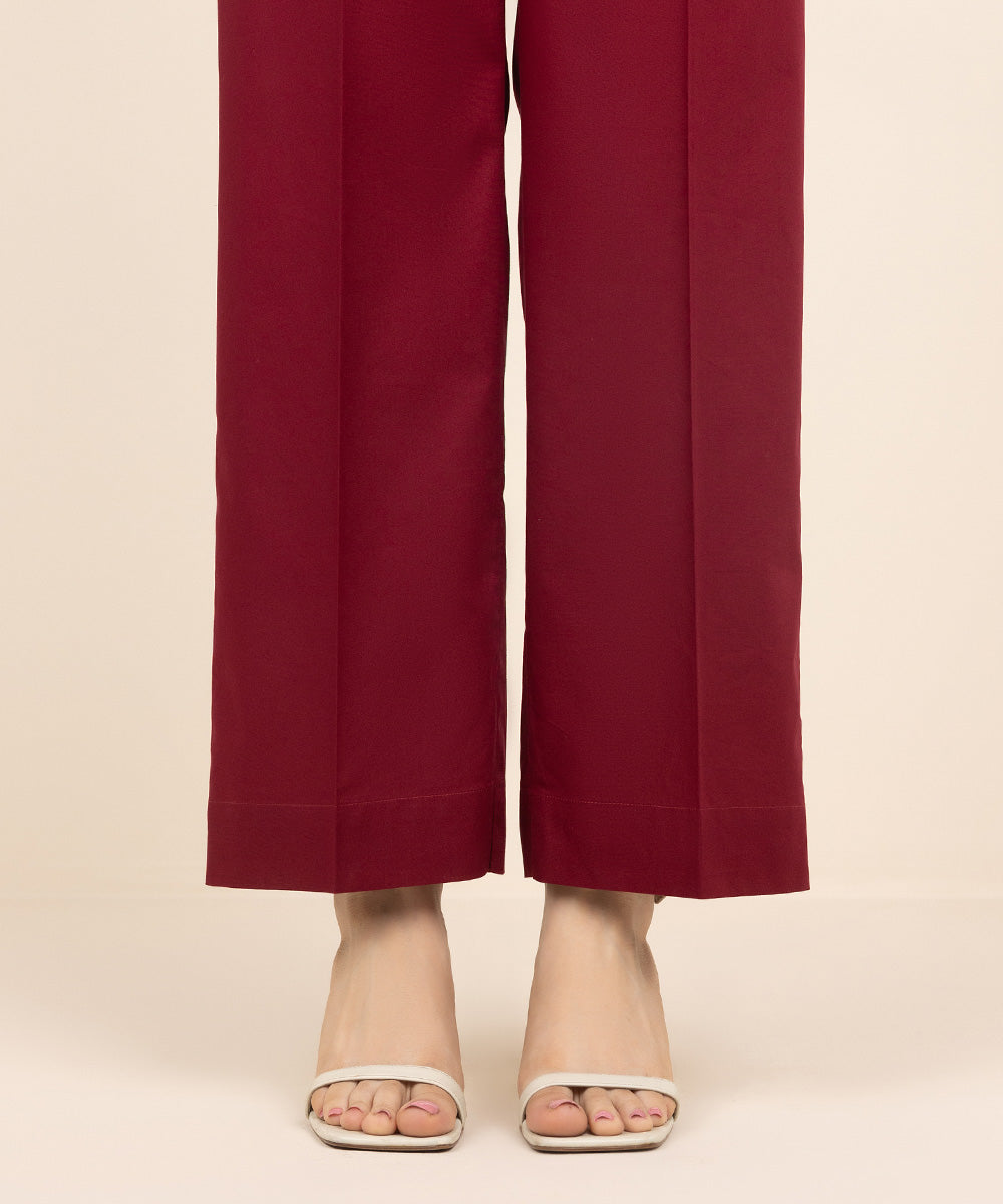 Women's Pret Cambric Red Solid Straight Pants