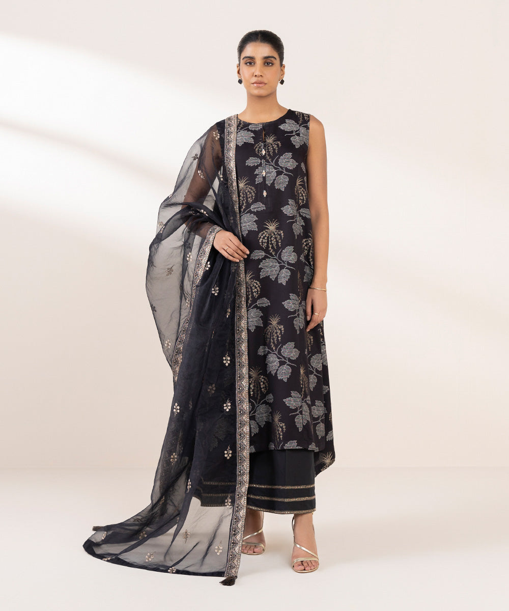 Blended Organza Black Embroidered Dupatta