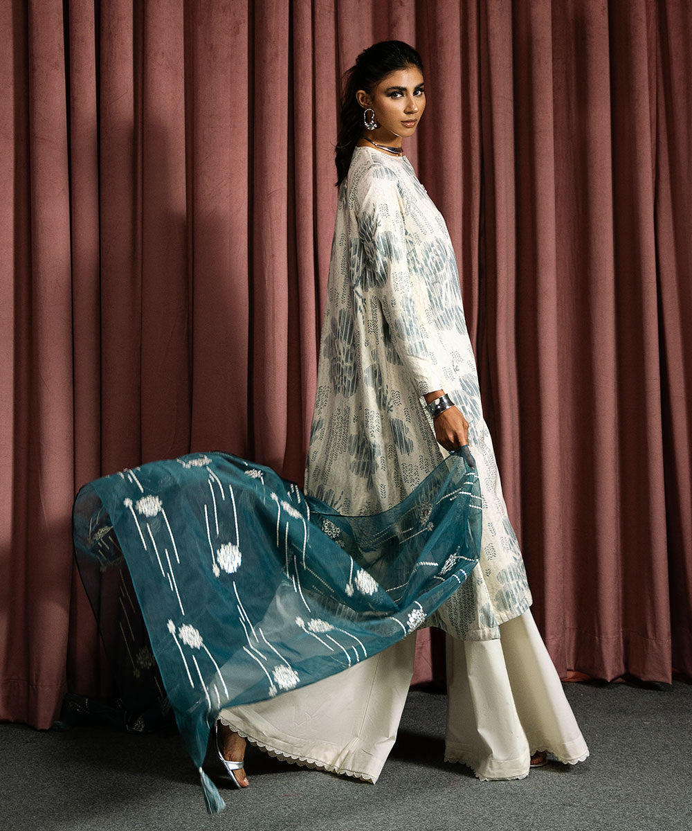 Blended Organza Blue Embroidered Dupatta