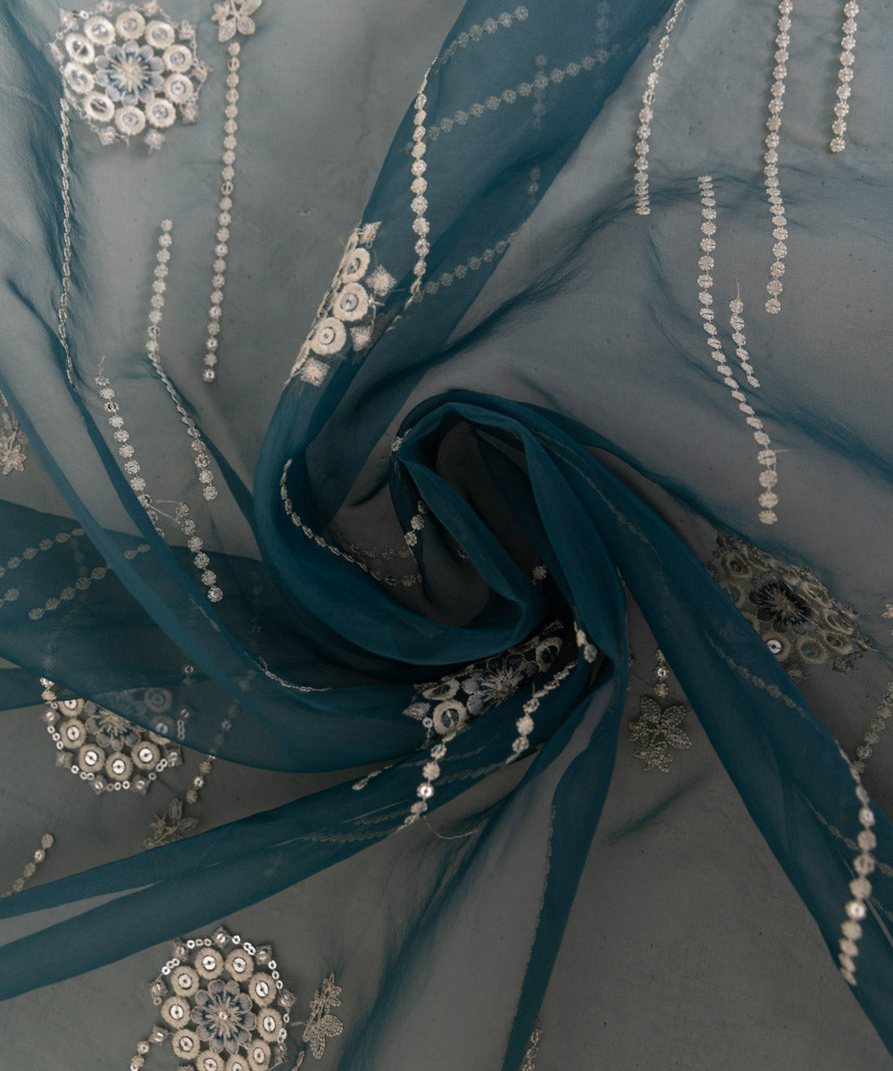 Blended Organza Blue Embroidered Dupatta