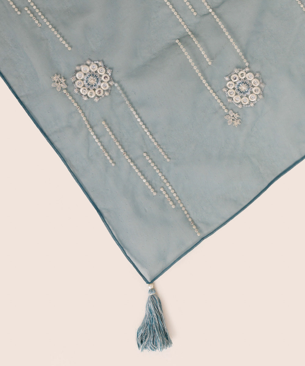 Blended Organza Blue Embroidered Dupatta