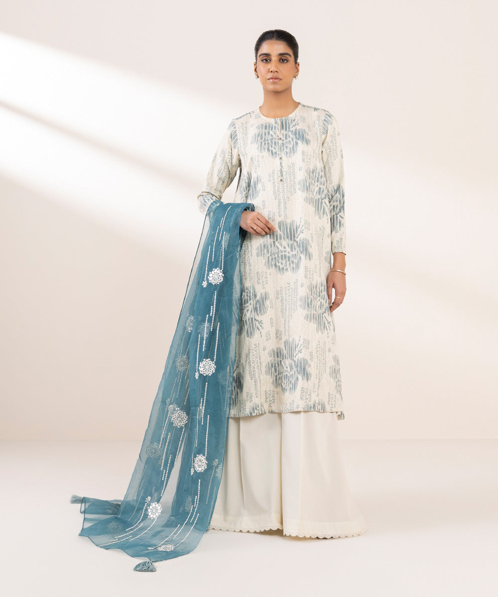 Blended Organza Blue Embroidered Dupatta