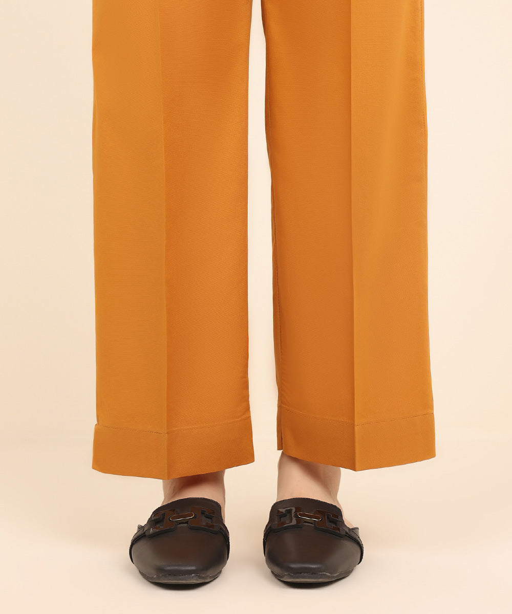 Women's Pret Cambric Orange Solid Straight Pants