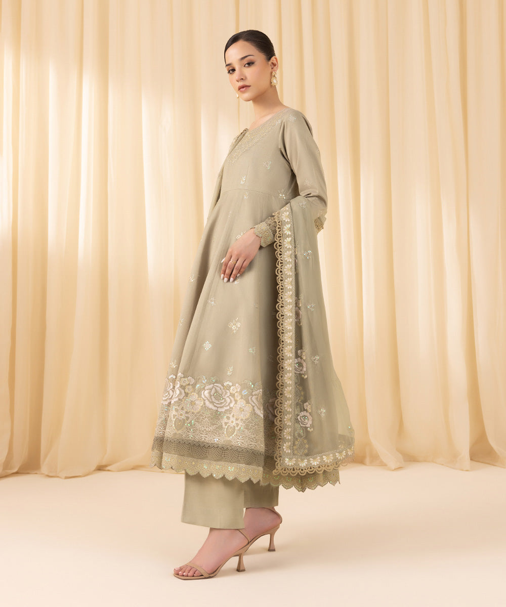 Women's Unstitched Embroidered Silk Cotton Net Grey 3 Piece Suit