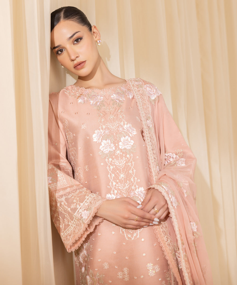 Women's Unstitched Embroidered Silk Cotton Net Pink 3 Piece Suit