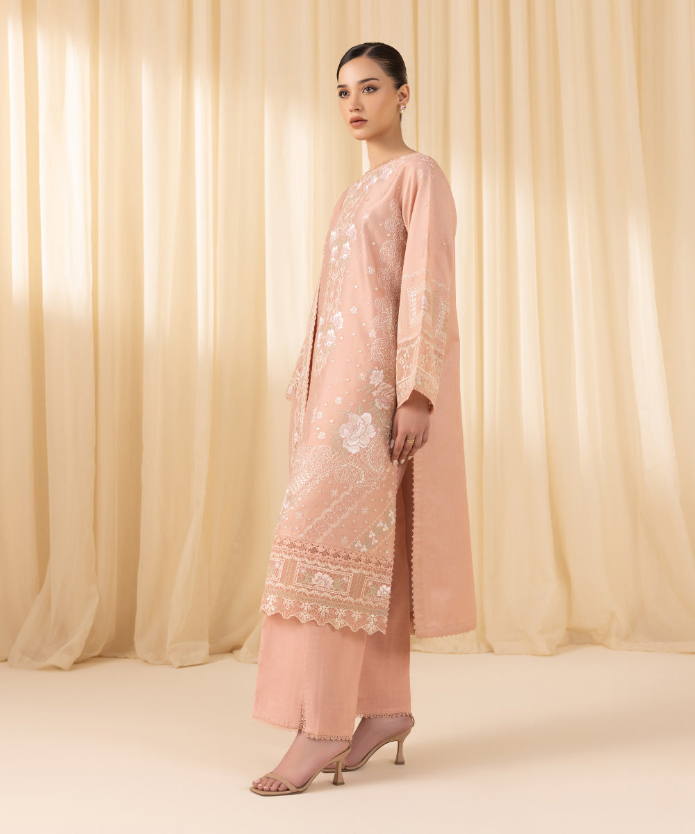 Women's Unstitched Embroidered Silk Cotton Net Pink 3 Piece Suit