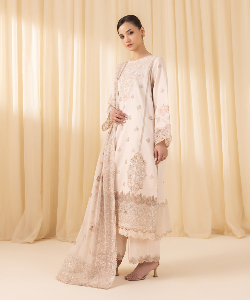 Women's Unstitched Embroidered Silk Cotton Net Beige 3 Piece Suit