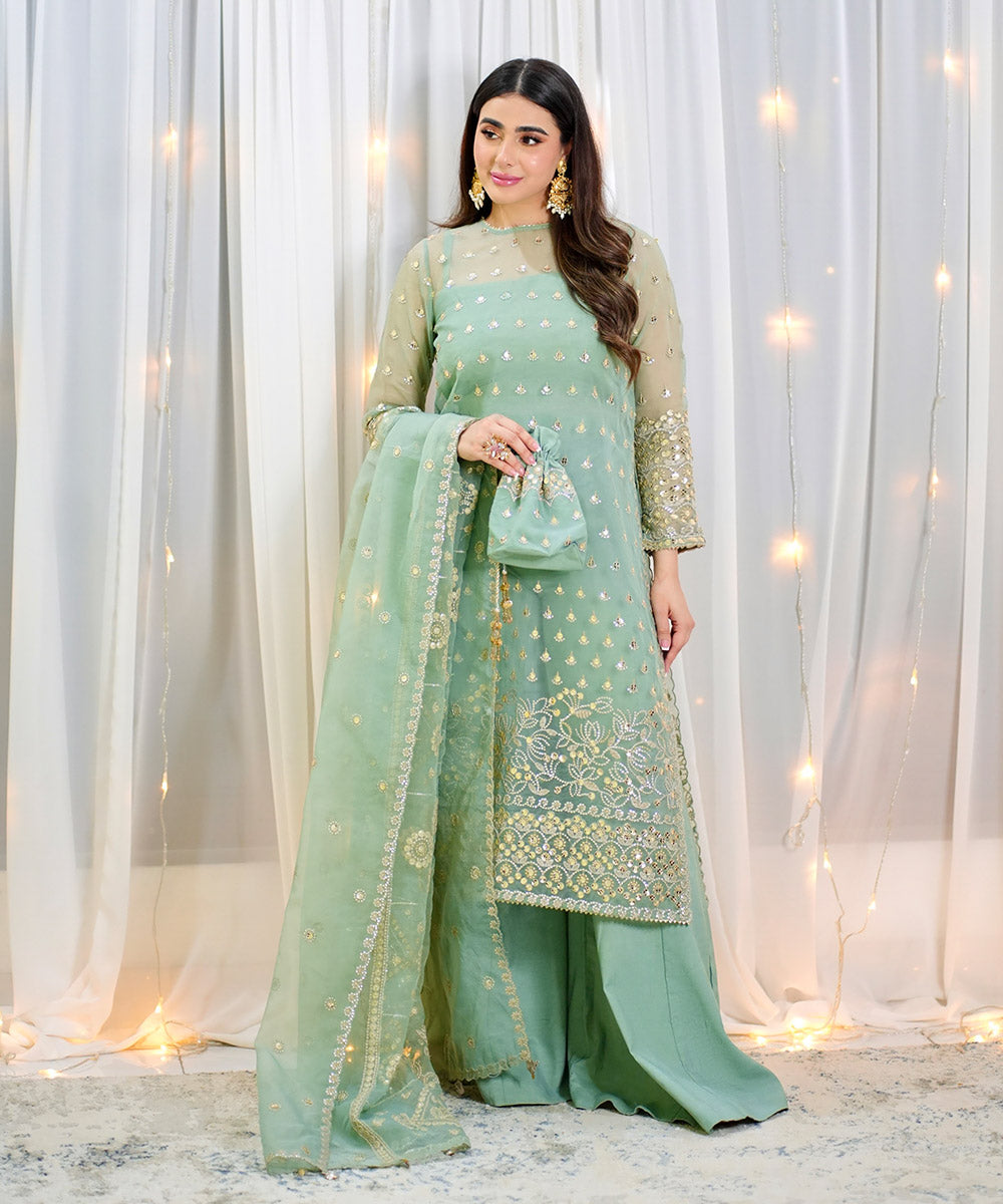 Women's Unstitched Embroidered Blended Organza Blue 3 Piece Suit