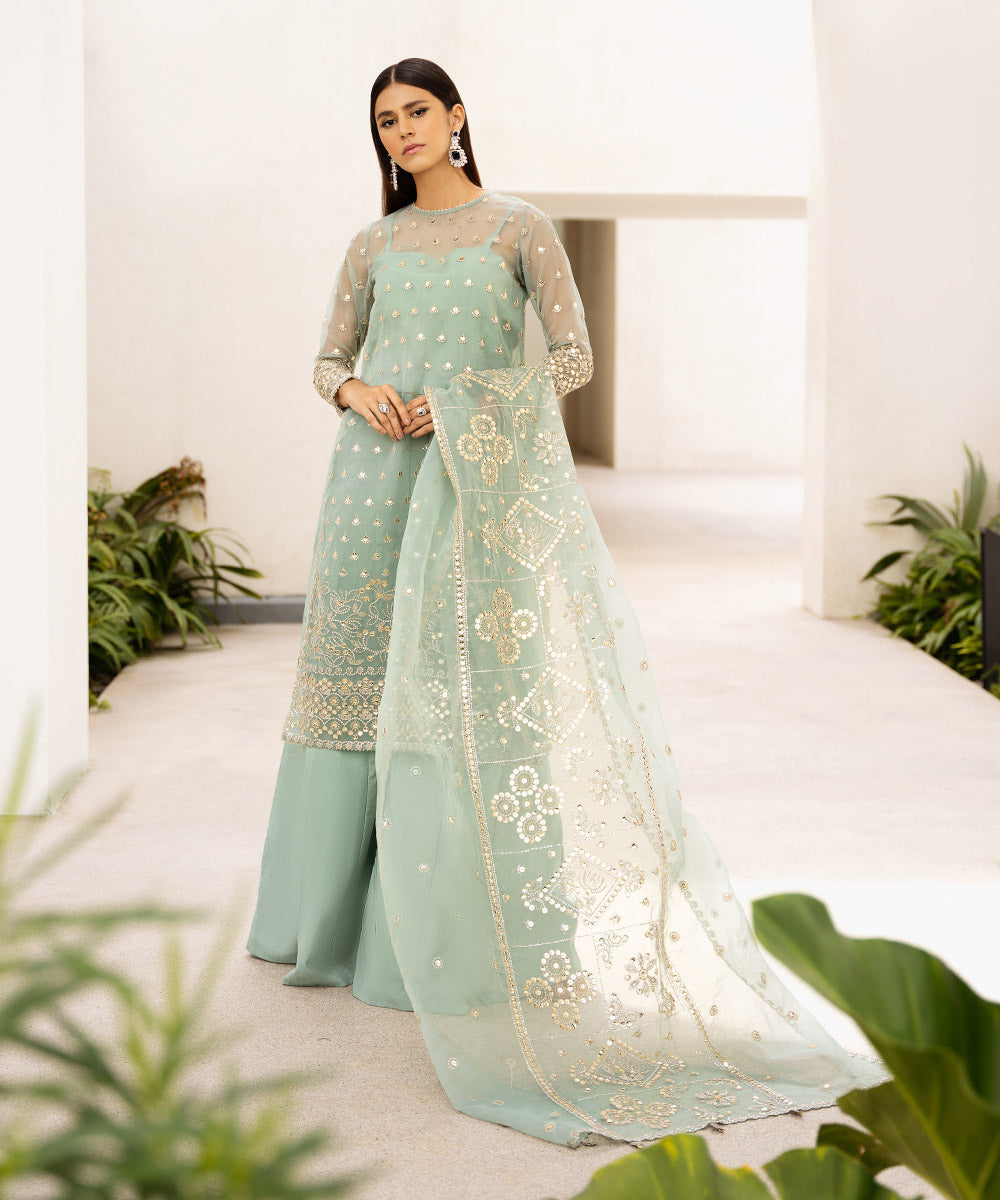 Women's Unstitched Embroidered Blended Organza Blue 3 Piece Suit