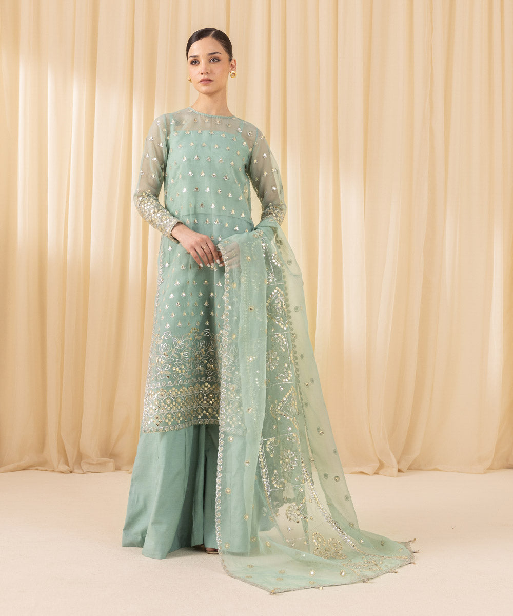 Women's Unstitched Embroidered Blended Organza Blue 3 Piece Suit