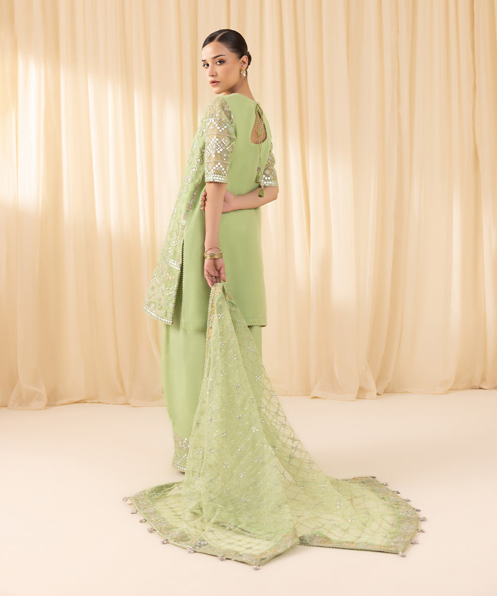 Women's Unstitched Embroidered Blended Organza Green 3 Piece Suit