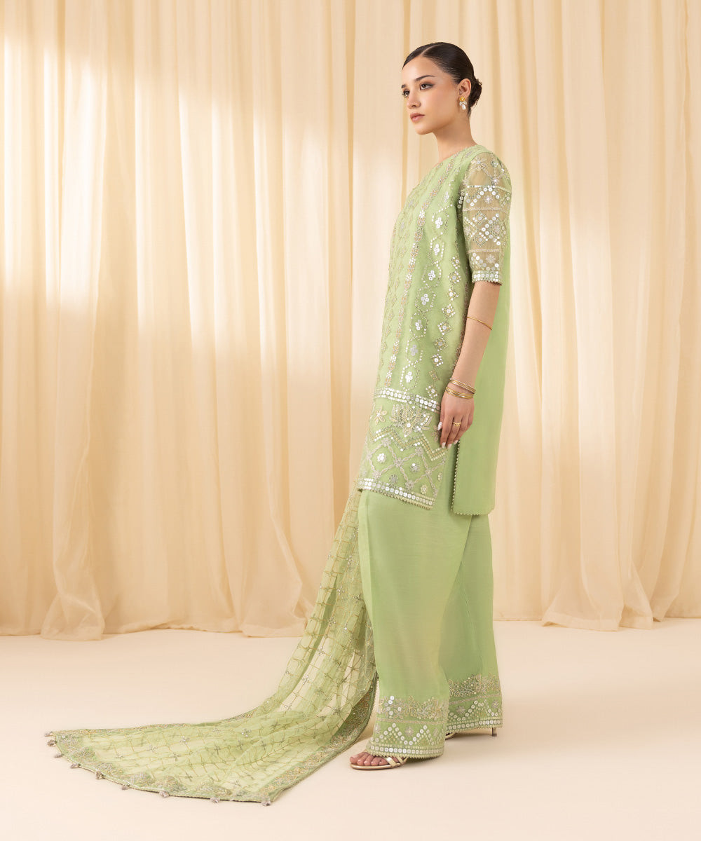 Women's Unstitched Embroidered Blended Organza Green 3 Piece Suit