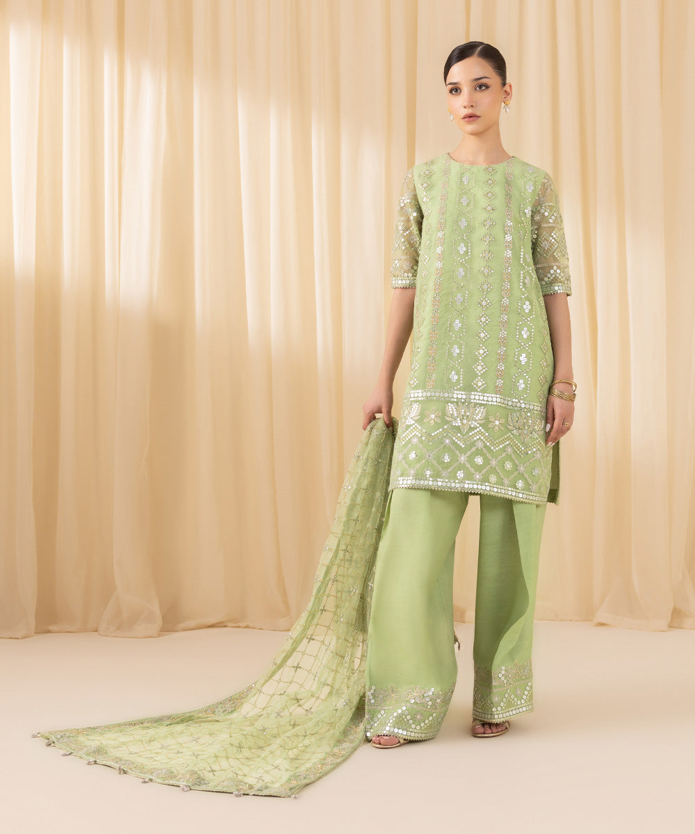 Women's Unstitched Embroidered Blended Organza Green 3 Piece Suit