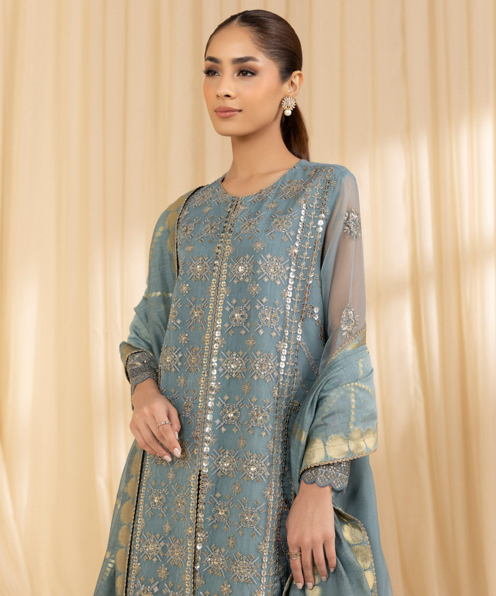 Women's Unstitched Organza Blue 3 Piece Suit