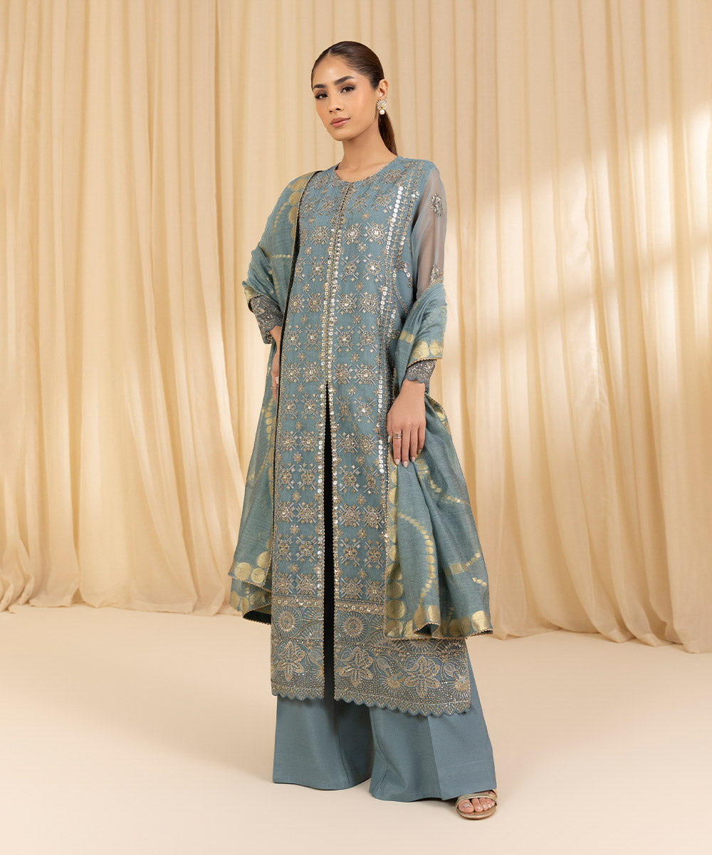 Women's Unstitched Organza Blue 3 Piece Suit