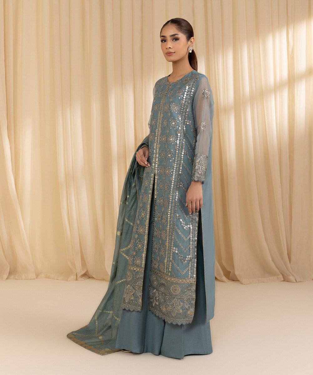 Women's Unstitched Organza Blue 3 Piece Suit