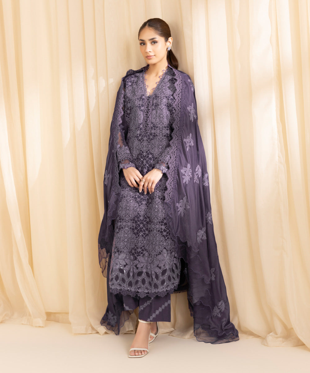 Women's Unstitched Organza Purple 3 Piece Suit