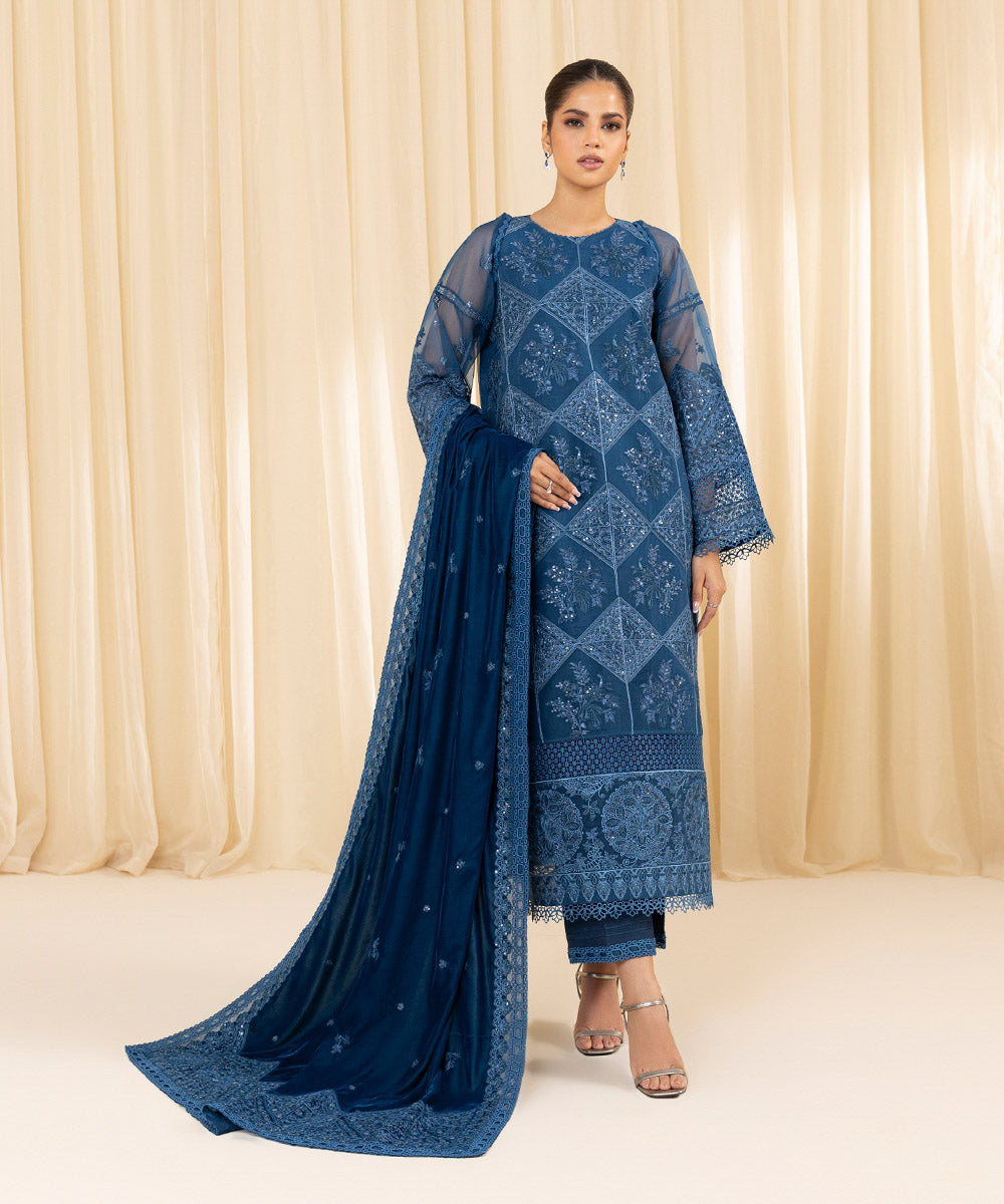 Women's Unstitched Embroidered Blended Organza Blue 3 Piece Suit