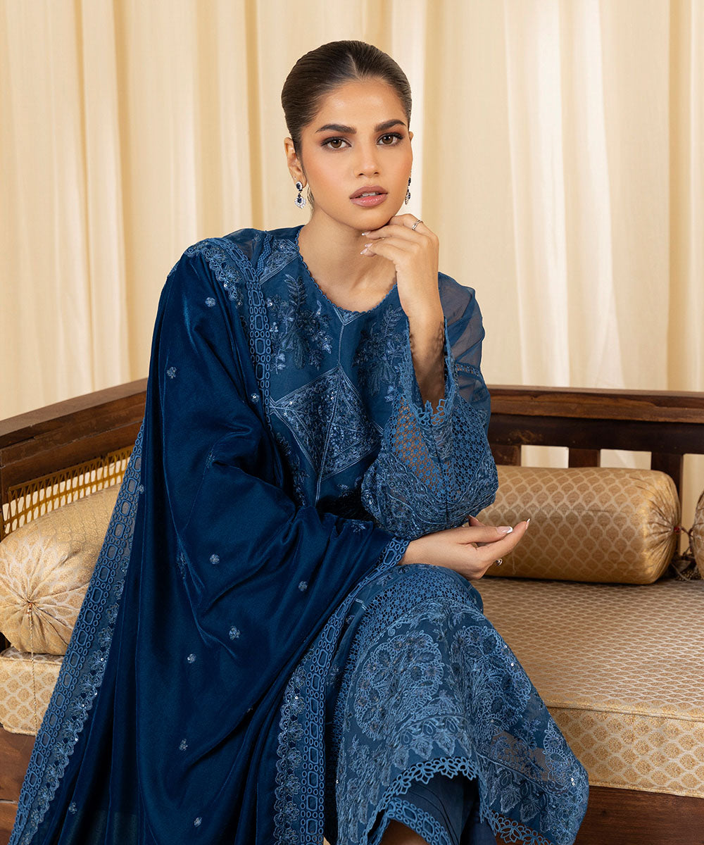 Women's Unstitched Embroidered Blended Organza Blue 3 Piece Suit