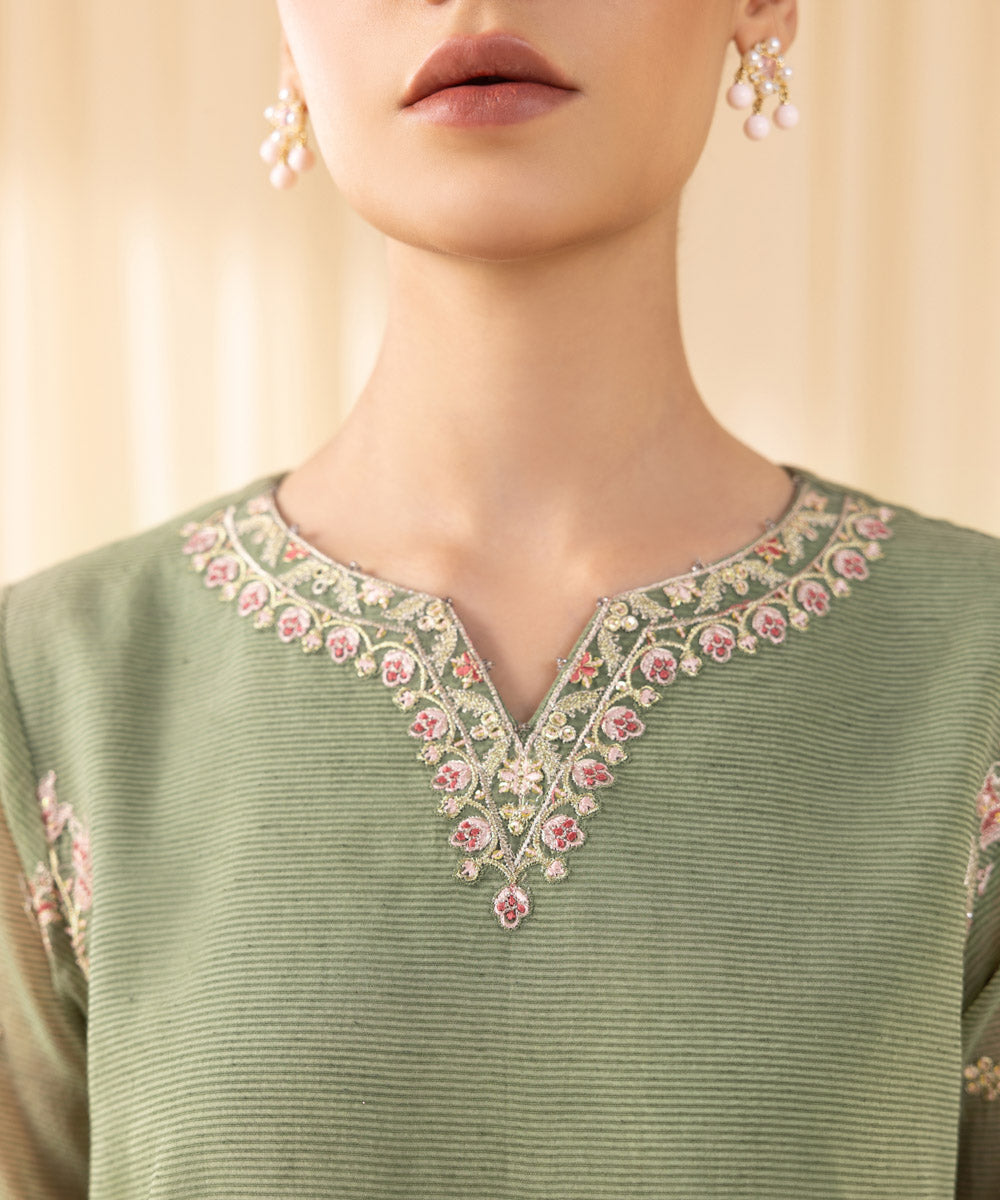 Women's Unstitched Embroidered Blended Textured Karandi Green 3 Piece Suit