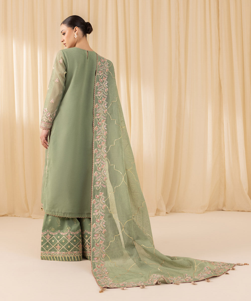 Women's Unstitched Embroidered Blended Textured Karandi Green 3 Piece Suit