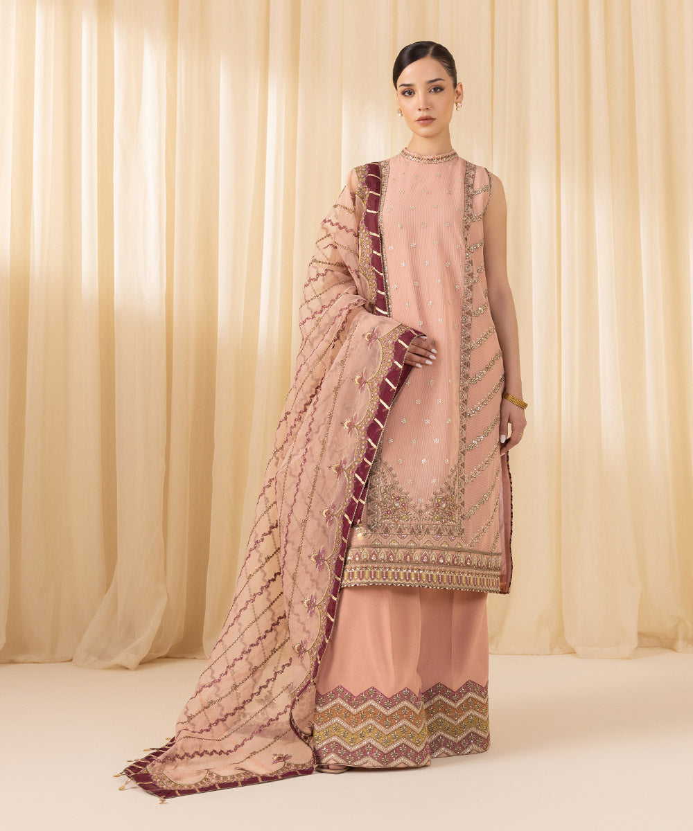 Women's Unstitched Embroidered Blended Textured Karandi Pink 3 Piece Suit