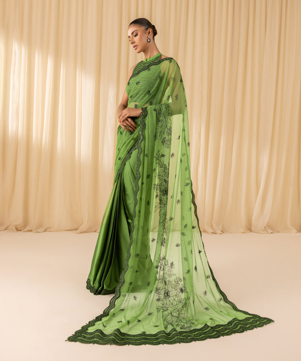 Women's Unstitched Embroidered Viscose Raw Silk Green 3 Piece Suit