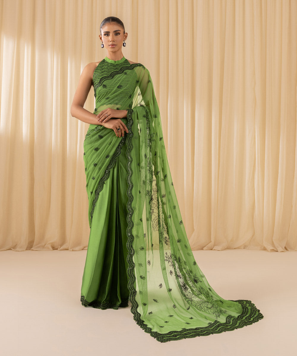 Women's Unstitched Embroidered Viscose Raw Silk Green 3 Piece Suit