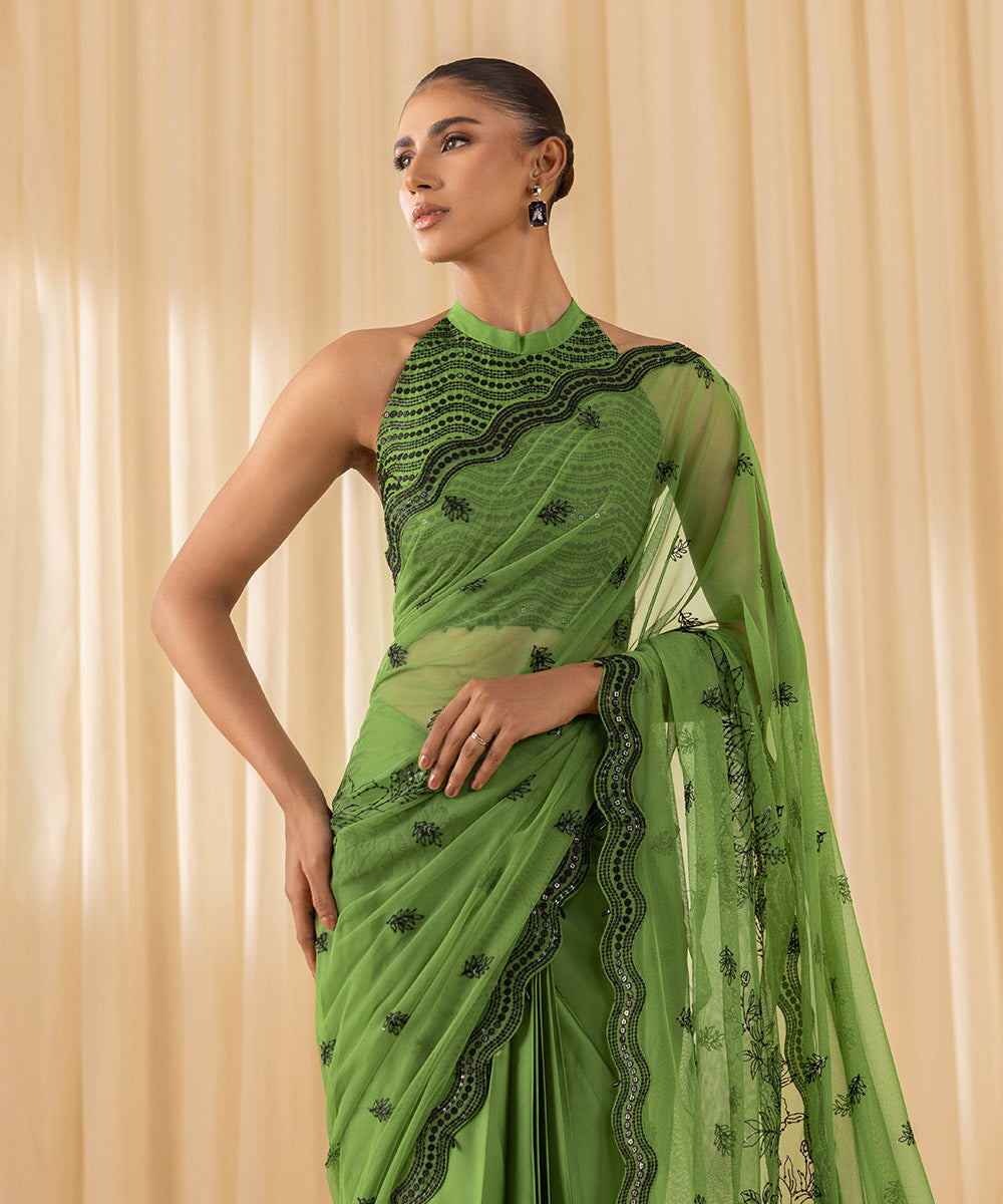 Women's Unstitched Embroidered Viscose Raw Silk Green 3 Piece Suit