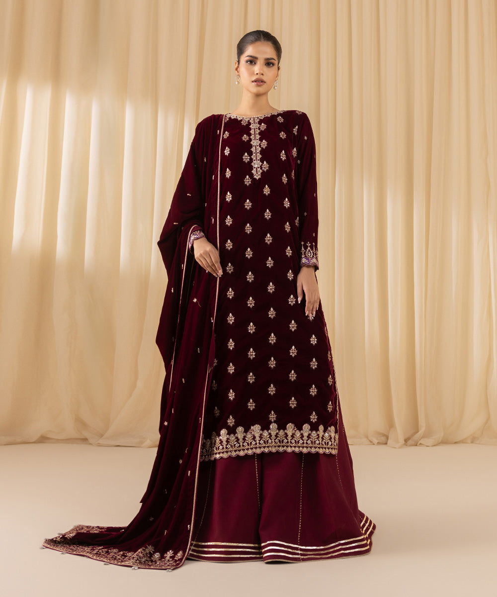 Women's Unstitched Embroidered Velvet Red 3 Piece Suit