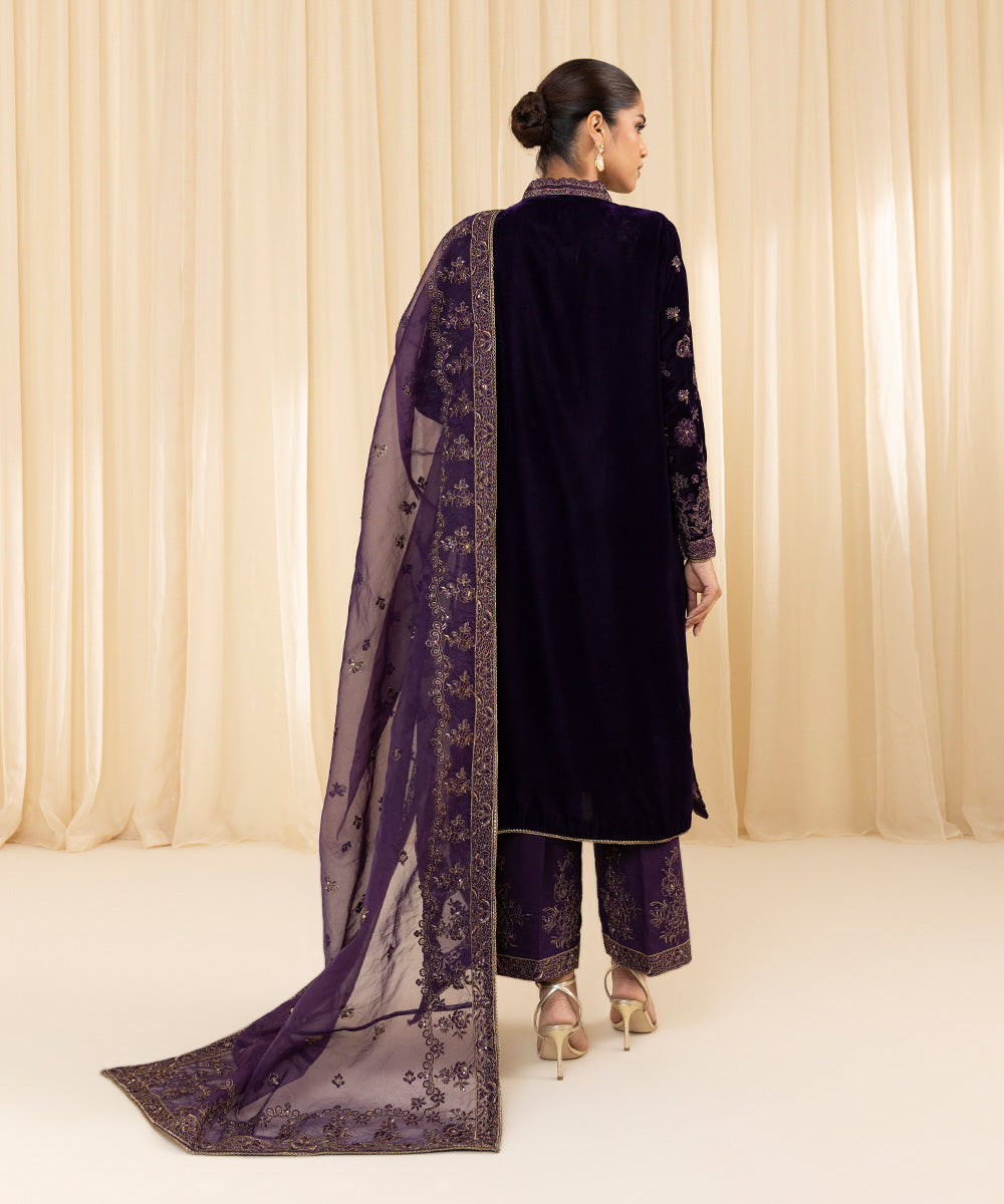 Women's Unstitched Embroidered Velvet Purple 3 Piece Suit