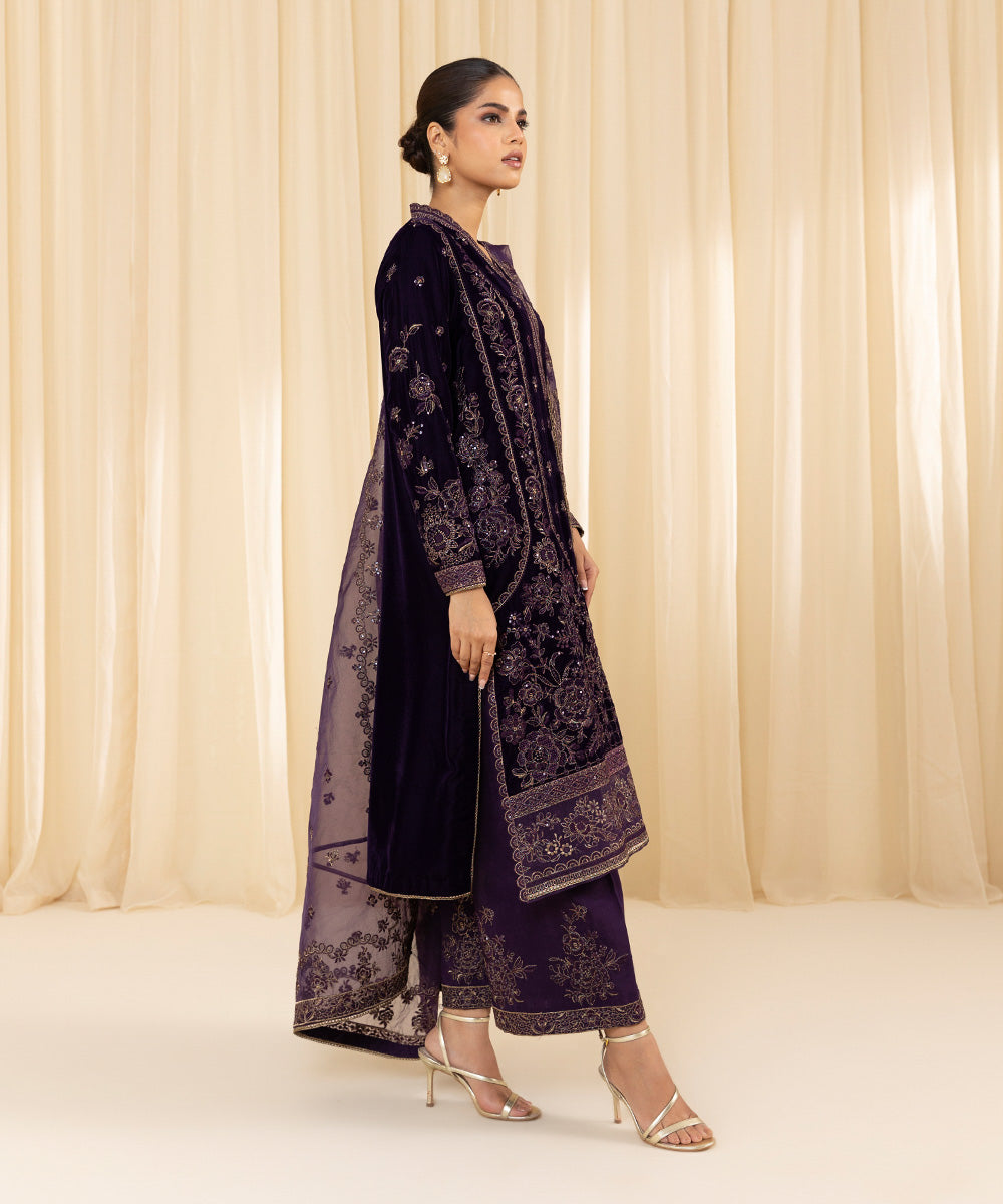 Women's Unstitched Embroidered Velvet Purple 3 Piece Suit