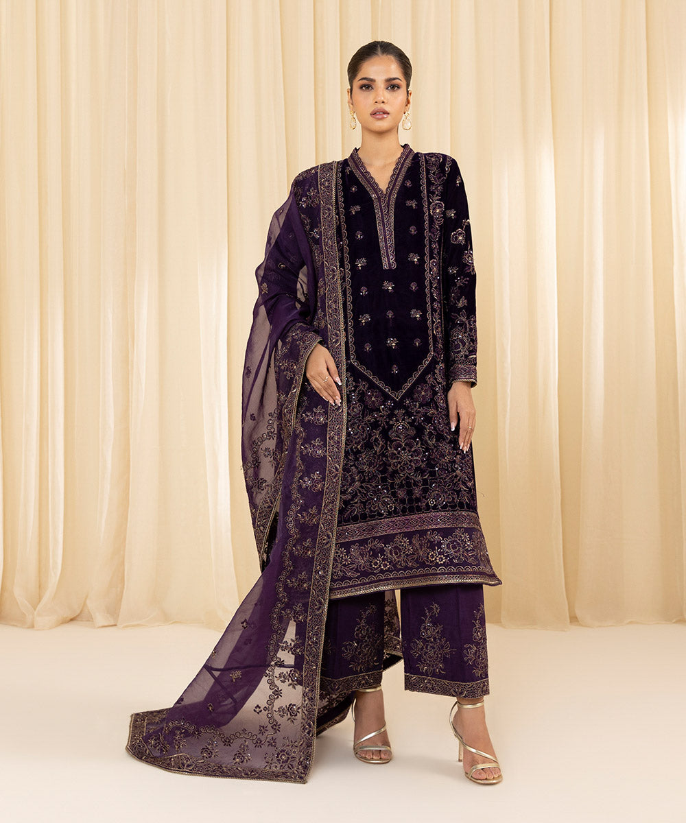 Women's Unstitched Embroidered Velvet Purple 3 Piece Suit