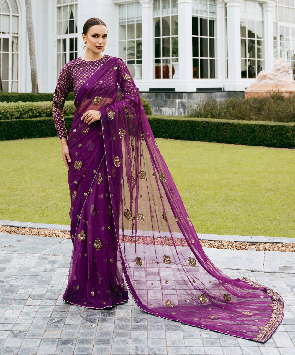 Women's Unstitched Embroidered Viscose Raw Silk Purple 3 Piece Suit