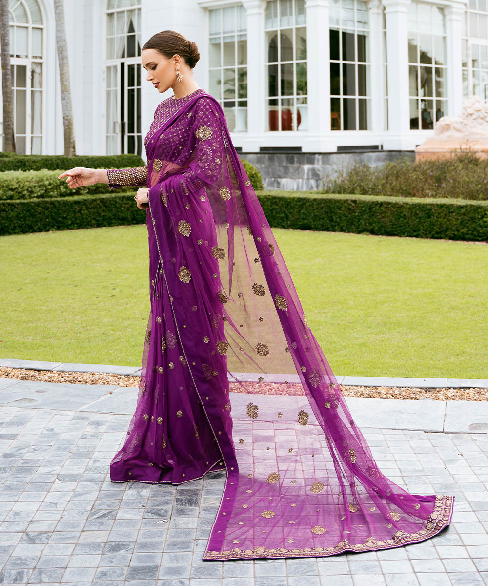 Women's Unstitched Embroidered Viscose Raw Silk Purple 3 Piece Suit