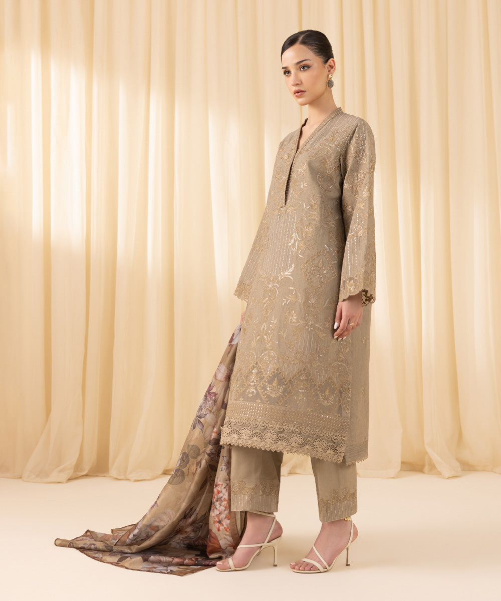 Women's Unstitched Embroidered Cambric Beige 3 Piece Suit