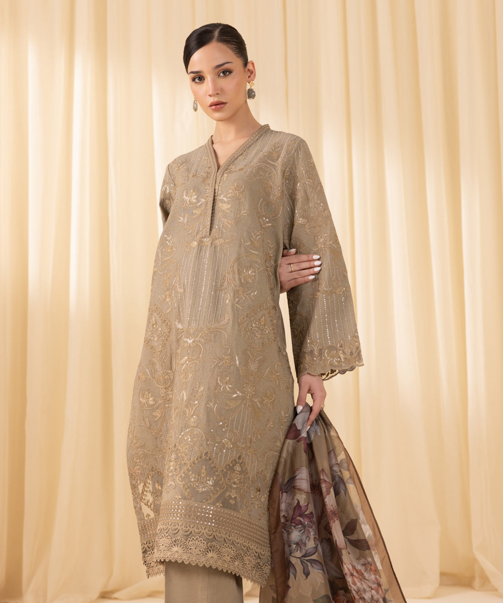 Women's Unstitched Embroidered Cambric Beige 3 Piece Suit