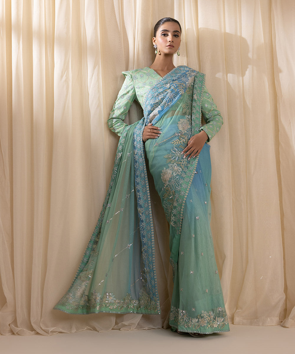 Women's Unstitched Sky Blue & Mint Ombre Raw Silk Three Piece Suit