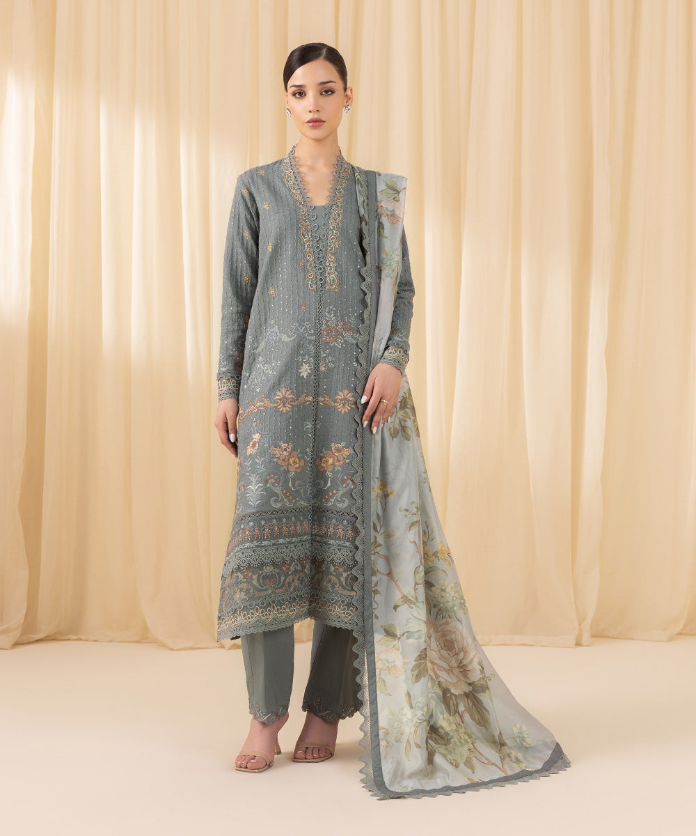 Women's Unstitched Embroidered Cambric Grey 3 Piece Suit