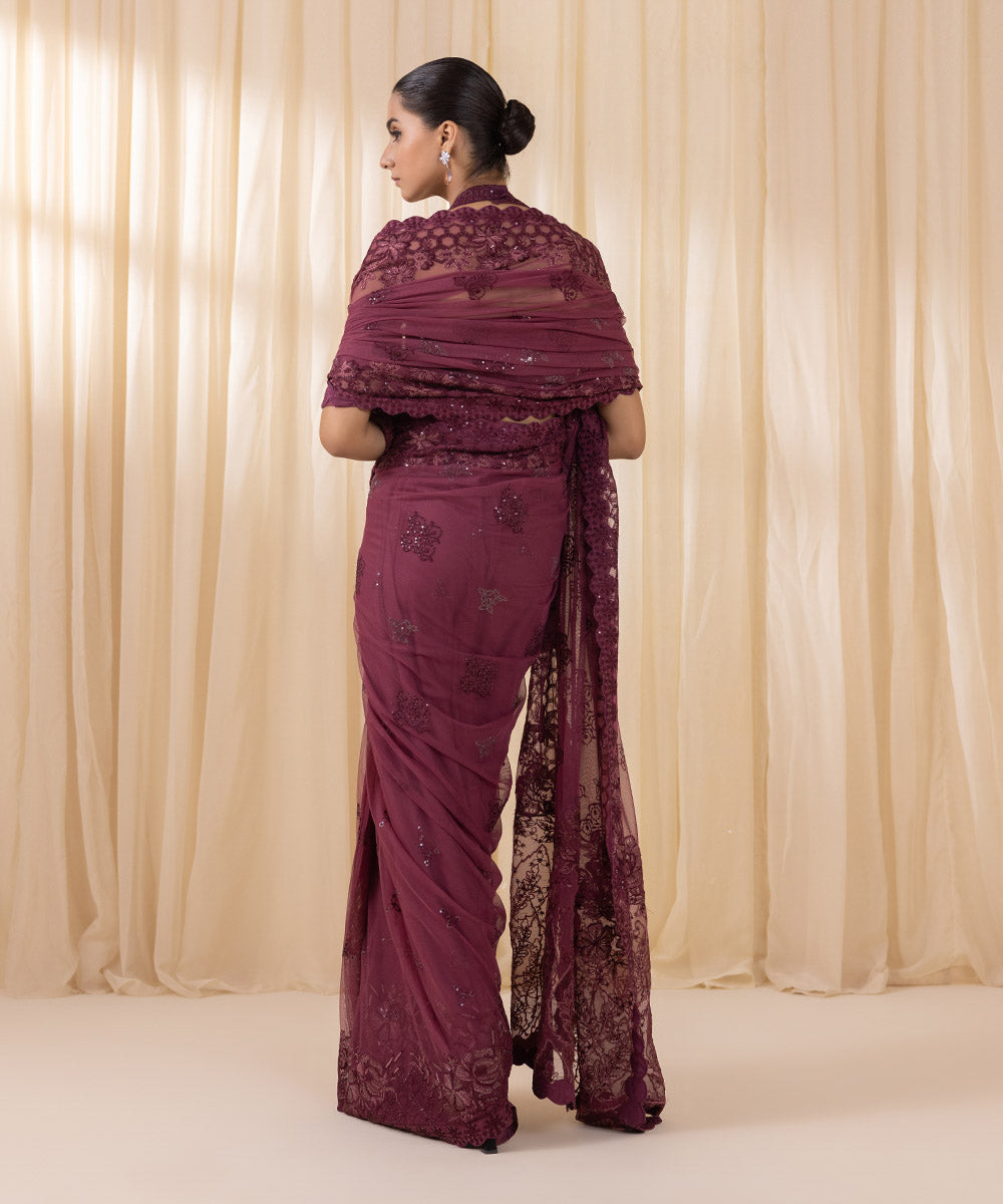 Women's Unstitched Aubergine Raw Silk Three Piece Suit